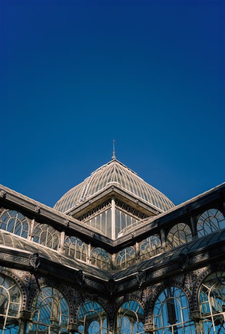 Close-up view of a historic glass and iron conservatory structure featuring large curved glass panels framed by ornate dark metalwork, with architectural details including decorative arches and intric